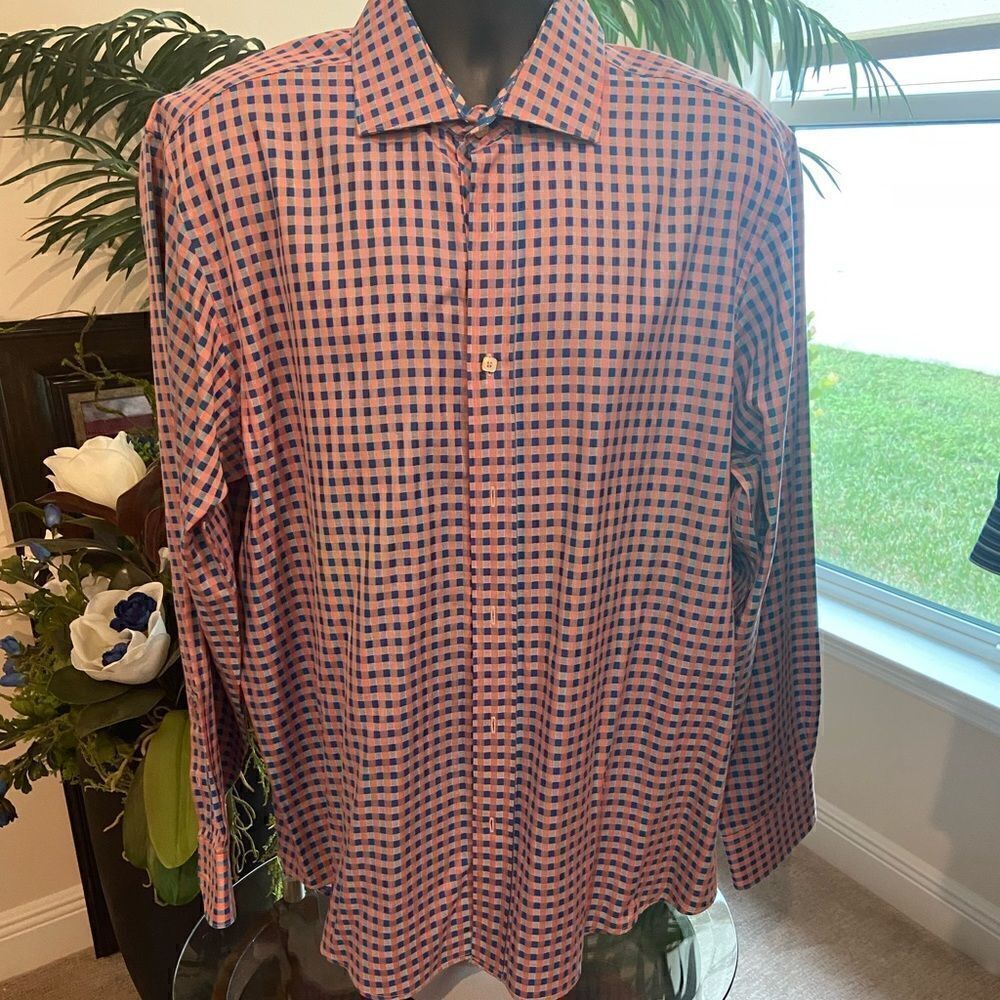 Mens XL Pink and blue checkered long sleeve Bugatchi shirt